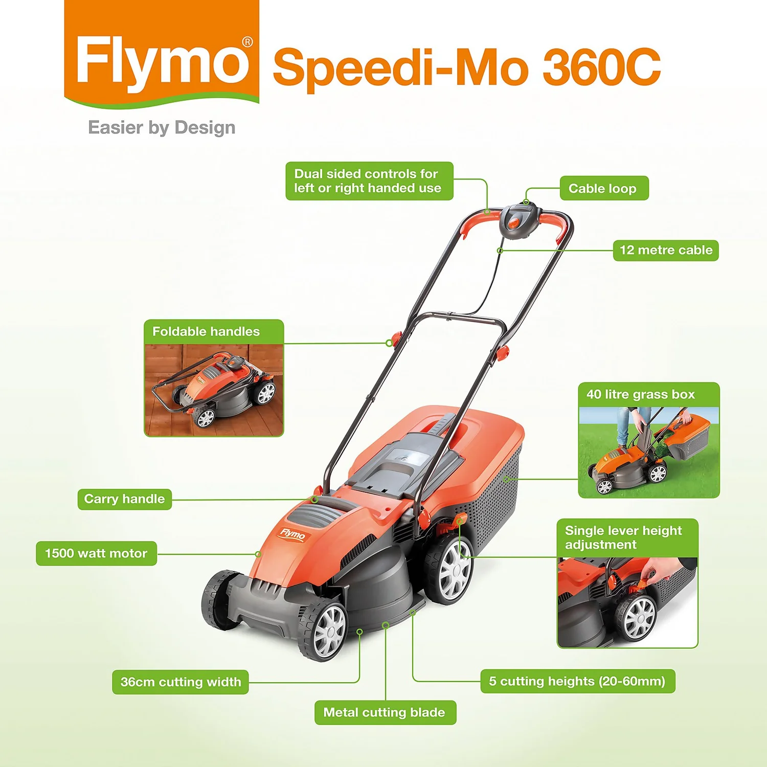 Flymo 1500W Speedi Mo 360C Electric Lawn Mower - 36cm 3 Flymo 1500W Speedi Mo 360C Electric Lawn Mower - 36cm - Image 3